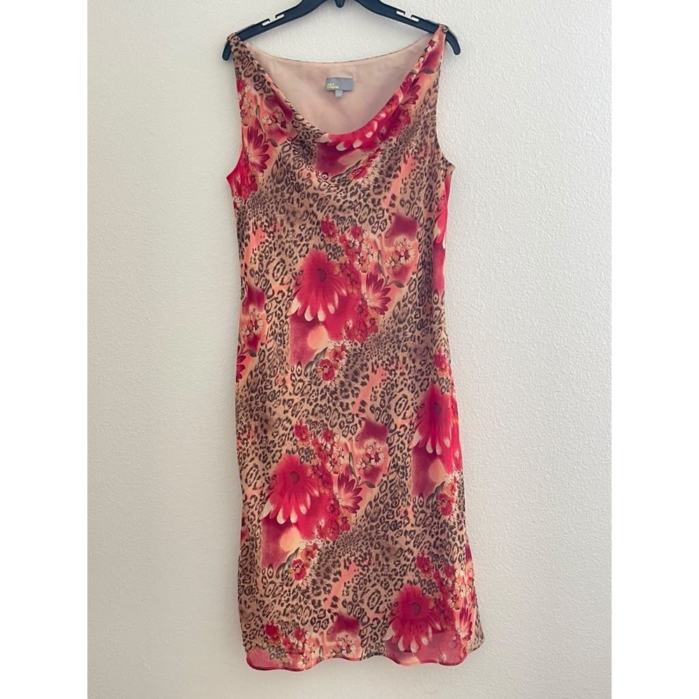 Linea Domani Leopard Floral Cowl Neck Midi Dress Sleeveless Pink Brown Y822 14